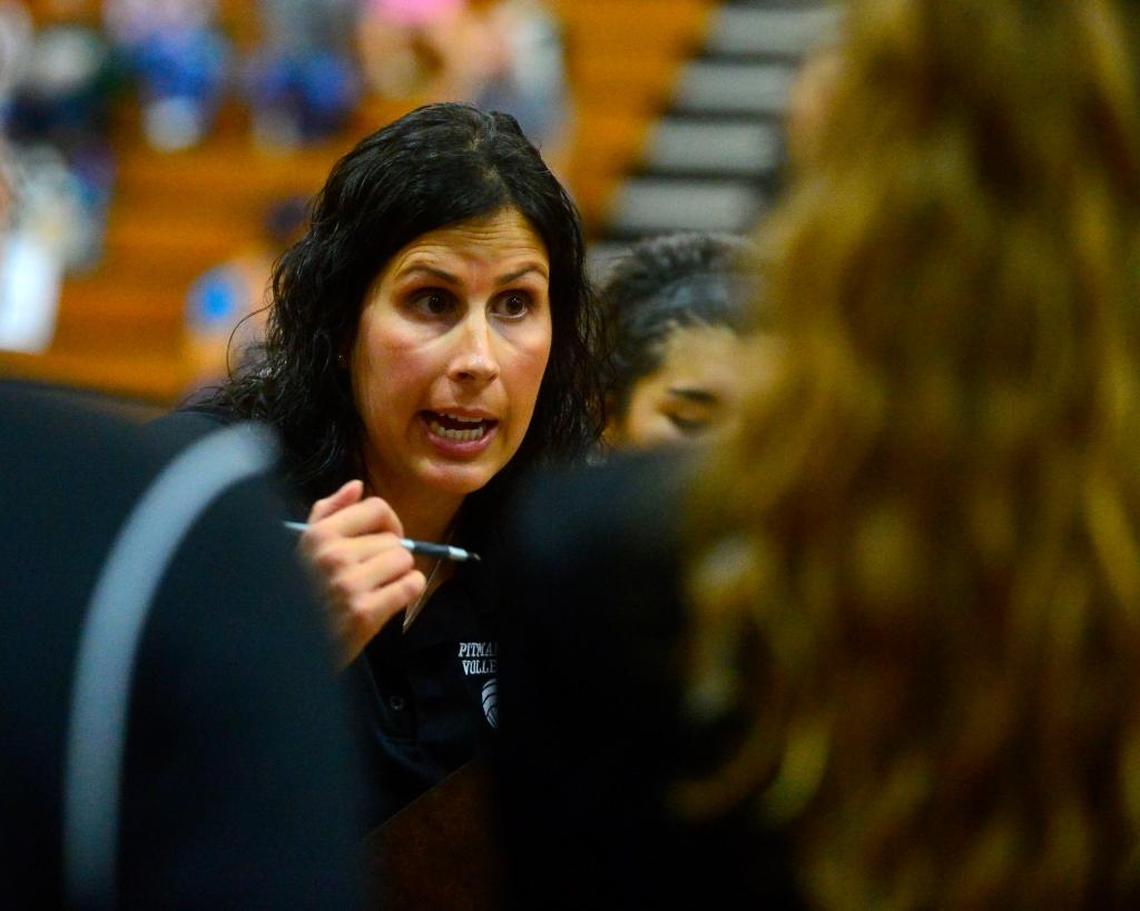 Pitman volleyball coach Kristen Pontes-Christian, shown instructing her team during a game last November, has led the Pride to six consecutive Central California Conference titles and three straight Sac-Joaquin Section Division I championships. She’s been named the Northern California Coach of the Year for the 2016-17 school year by the California Coaches Association.