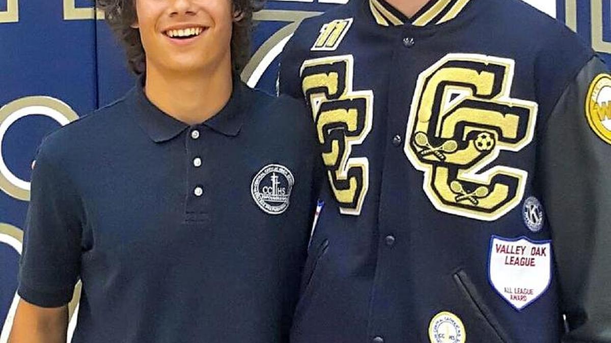 Central Catholic tennis players Sam Nicholson (left) and Conor Fenton (right) won the Valley Oak League Doubles Tournament on Thursday, April 21, 2016.