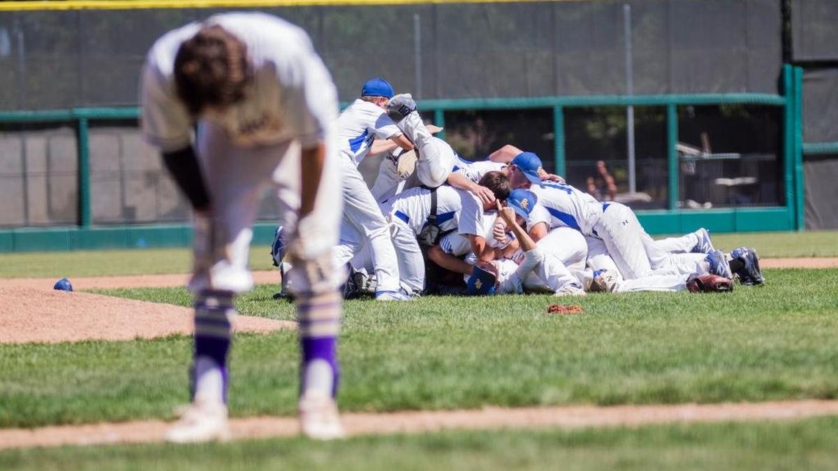 Ripon Christian celebrates in the infield as Bradshaw Christian Britton Wheatley hangs his head after the final out of CIFSJS Section baseball finals at UOP in Stockton CA Monday May 28th 2018.