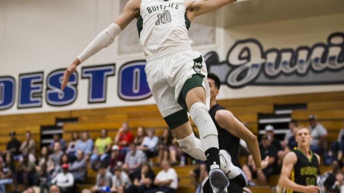 Tydus Verhoeven of Manteca High flies to the hoop. The 22nd 6 County All-Star Basketball Game Friday May 5th 2017 took over the Modesto Jr College gym.
