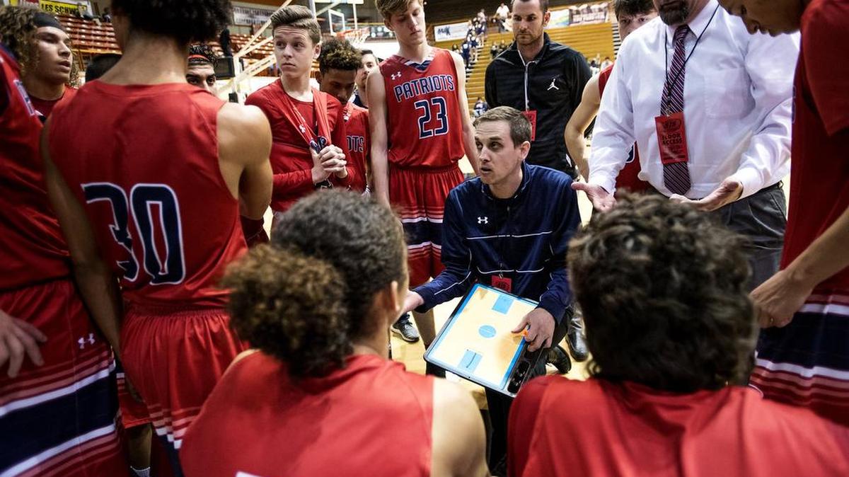 Beyer coach Kyle McKim talks with his team during a third quarter timeout in the Sac-Joaquin Section Division II semifinal game with Burbank at the University of the Pacific in Stockton, Calif., on Wednesday, March. 1, 2017.