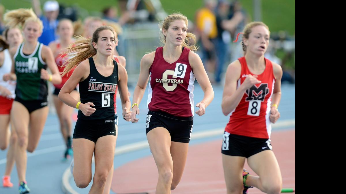 
Hannah Hull, second from right, of Calaveras High runs in the girls 1600 meter race at the CIF State Track & Field Championships at Veterans Memorial Stadium Saturday, June 6, 2015.
