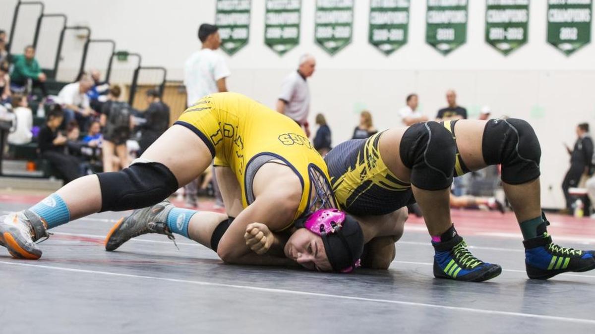 Liliana Vergara of Gregori High takes on Michelle Kamyshin from River City High during the 150 pound Sac-Joaquin Section Girls Masters Wrestling Championships at McNair High, Stockton, Saturday, Feb 17, 2018.