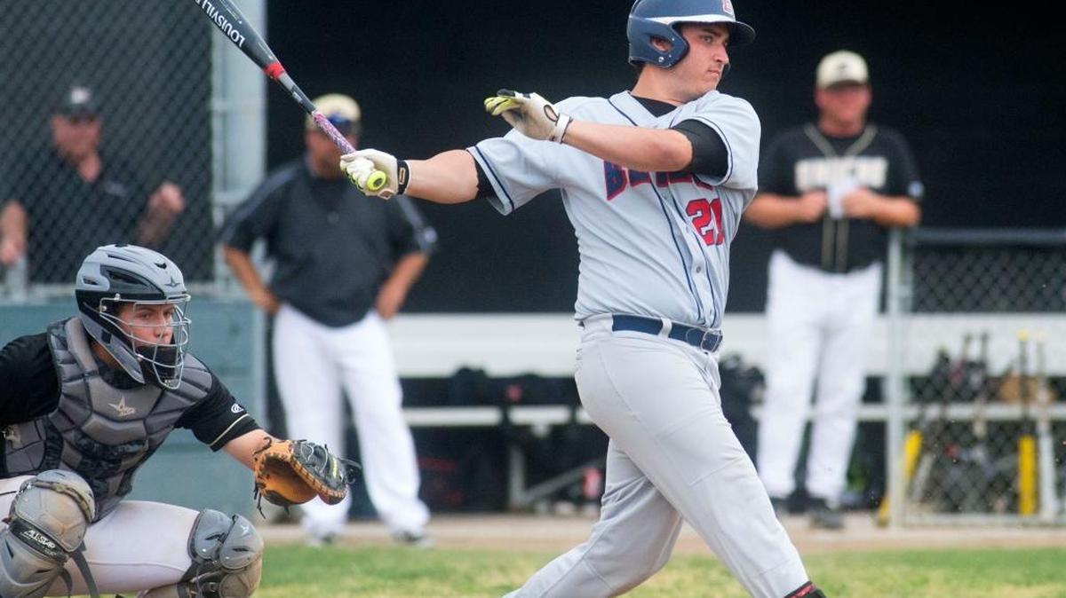 Beyer’s Jack Large hits a single to right field during a game where Beyer defeated Enochs 14-1 at Enochs High School in Modesto California on April 8, 2016.