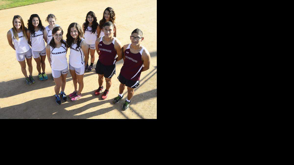 
Riverbank High cross country team members from left, Joslyn Beliera, 15, Stephanie Bernal, 16, Lydia Hodges, 16, Haley Richardson, 17, Sabrina Garcia, 17, Elitania Rosas, 15, Kimberly Ruvalcaba, 16, Emmanuel Chavez, 18, and Adan Chavez, 18, gathered on Wednesday (11-26-14) to prepare for the CIF State Meet in Fresno on Saturday. 
