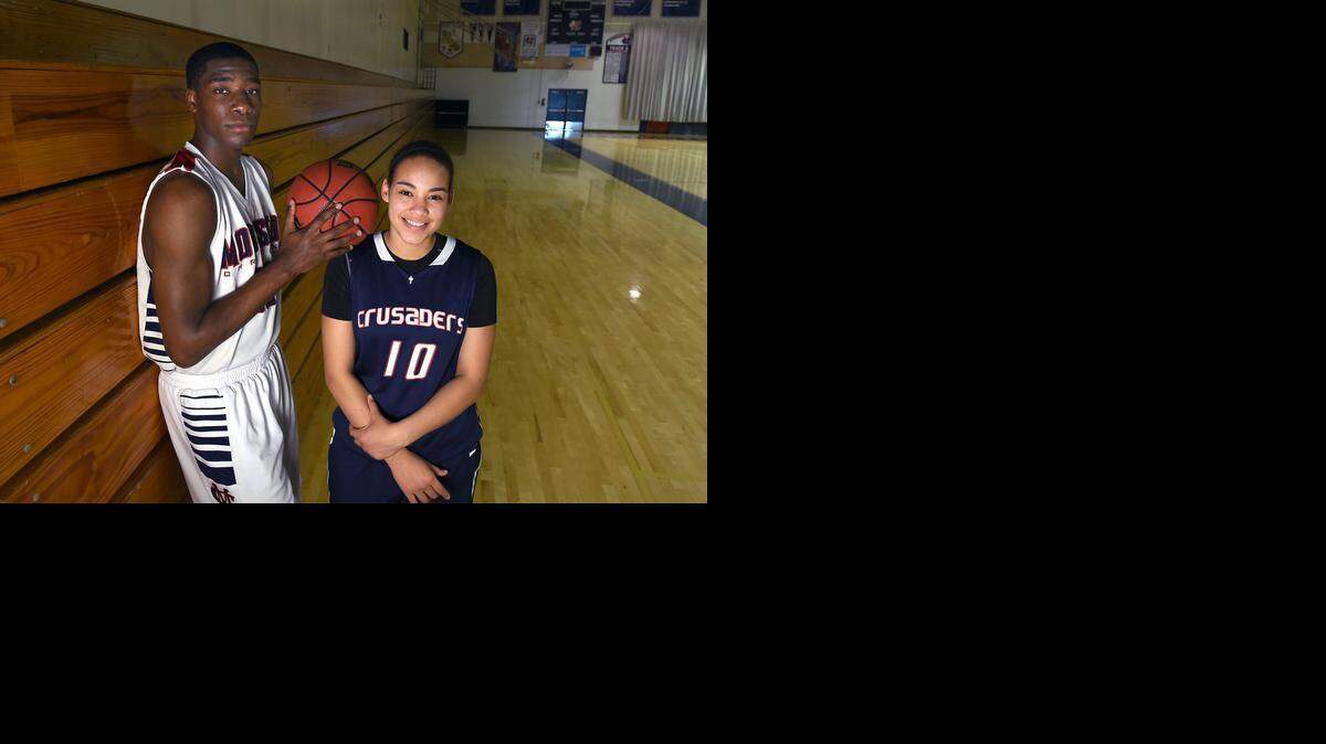 
Anthony Townes and Candice White are the players of the year in basketball. The Modesto Christian students are pictured Thursday afternoon (03-26-15) in their school gym. 
