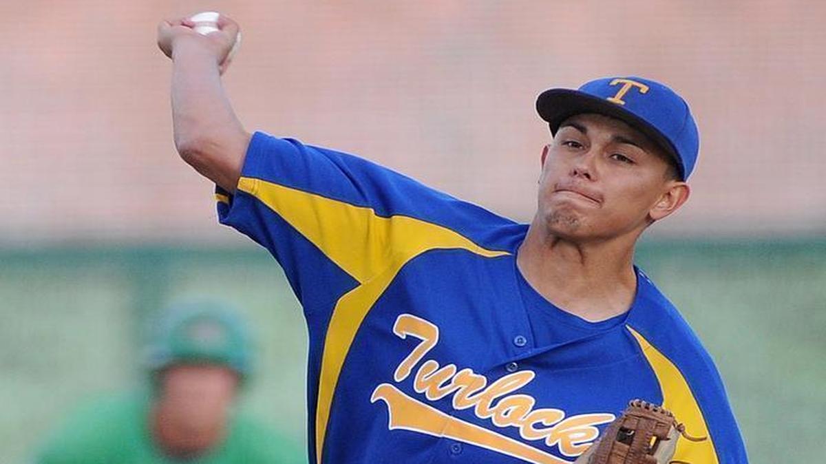 
Turlock High pitcher Marcus Lopez, shown here pitching against St. Mary’s in last season’s Sac-Joaquin Section playoffs, was brilliant for six innings on Thursday before St. Mary’s struck for three runs in the bottom of the seventh to pull out a 3-2 win over the Bulldogs at UOP’s Klein Family Field in Stockton.
