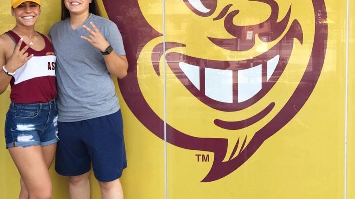 Twin sisters Kindra (left) and Maddi Hackbarth of Oakdale have transferred from Fresno State to Arizona State, where they will be reunited with the softball coach (Trish Ford) who originally recruited them to Fresno out of high school.