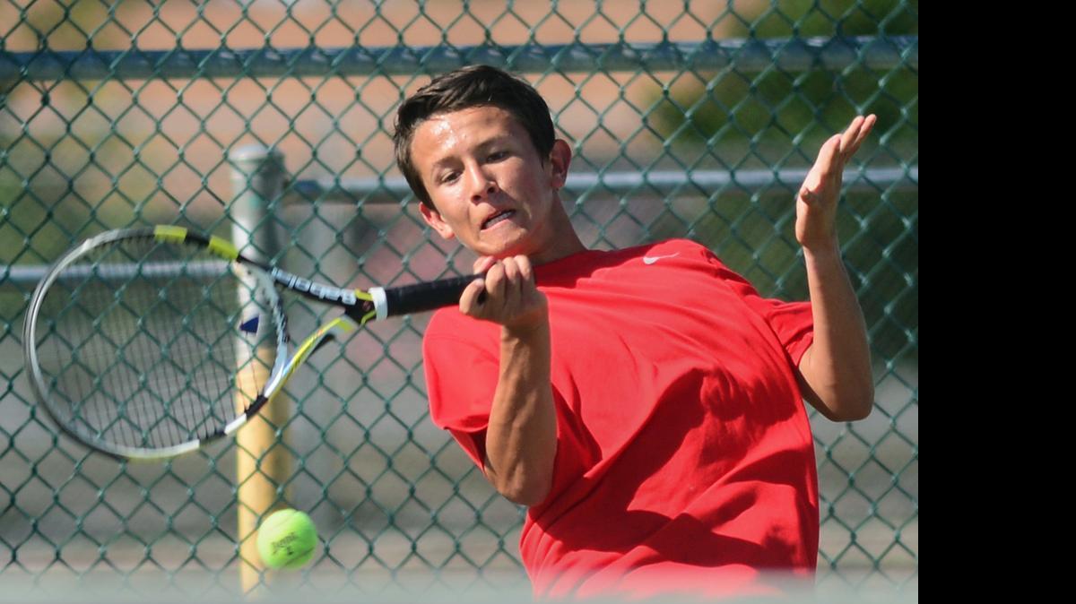 
Nolan McCaig, shown here competing against Rio Americano in the 2014 Sac-Joaquin Section team tennis tournament, will take on Kimball’s Garrett Chun in the semifinal round of the Division II singles tournament Tuesday at Johnson Ranch in Roseville.
