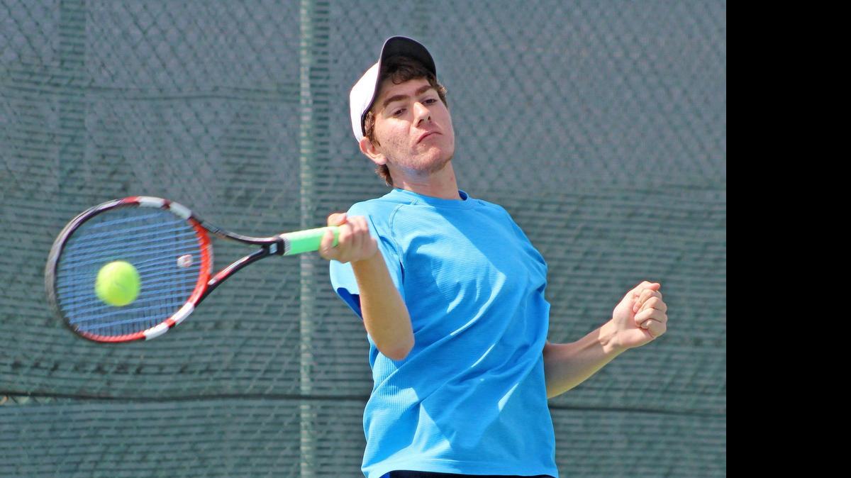 
Beyer High sophomore Ryan Lewis returns a forehand during the Sac-Joaquin Section Division I singles tournament at Johnson Ranch Racquet Club in Roseville, Calif. on Tuesday, May 19, 2015. 
