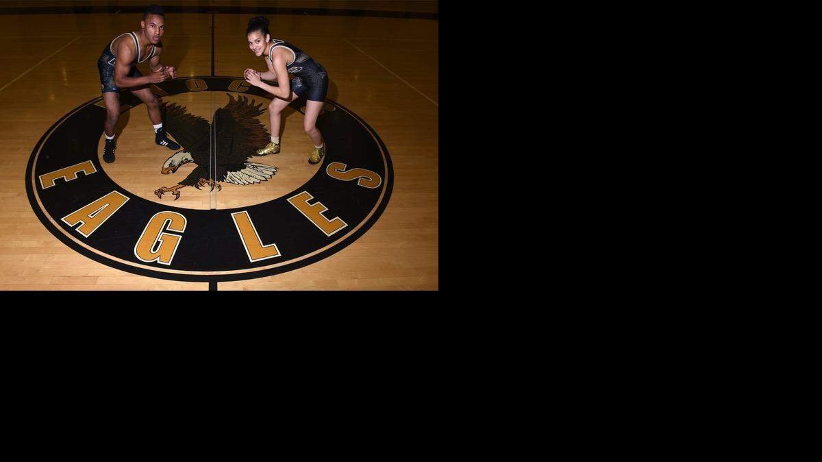 
McCoy Kent and Sariyah Jones, the outstanding wrestlers of the year are pictured at Enochs High School in Modesto, Calif. on Wednesday afternoon. 

