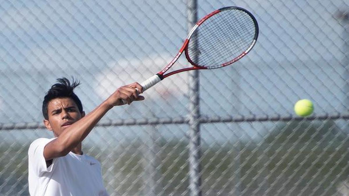 
Ceres No.2 singles player Julio Ochoa hits a forehand during the match with Gregori's David Brady at Gregori High School in Salida on Monday.
