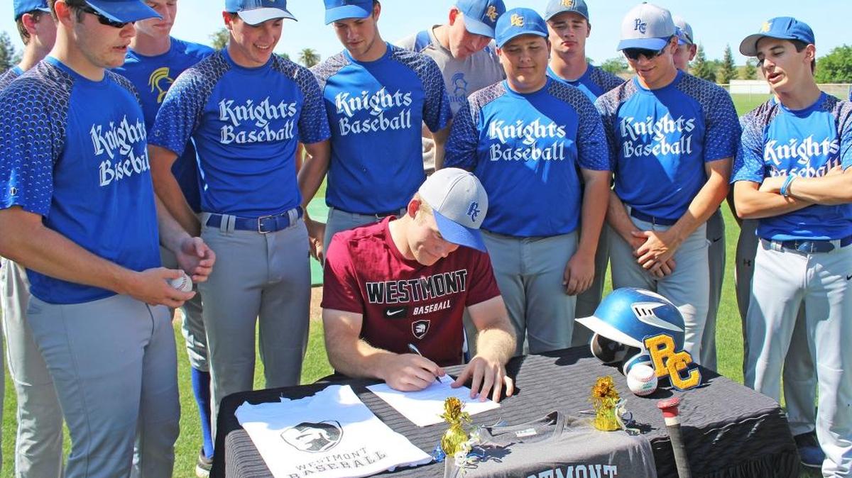 Ripon Christian senior Travis Vander Molen takes part in a Signing Day celebration on the diamond at Ripon Christian on Monday, April 18, 2016. Vander Molen will attend NAIA powerhouse Westmont College.