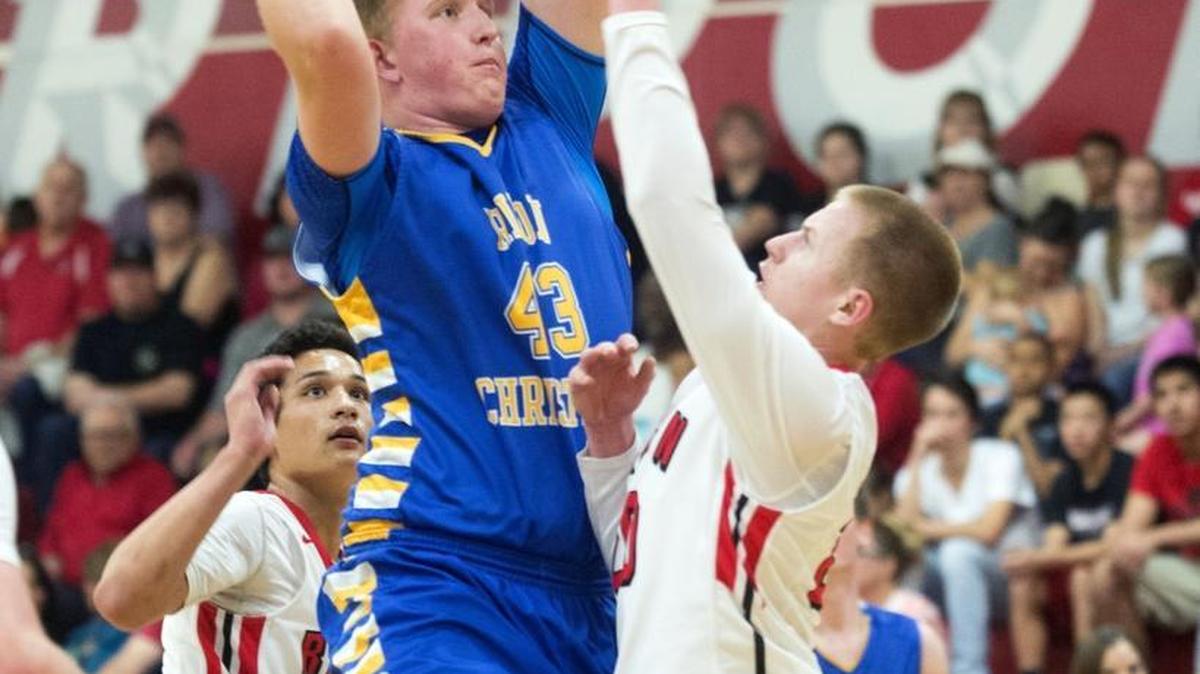 Ripon Christian center Lukas Vermeulen goes up for a shot during a game between Ripon and Ripon Christian at Ripon High School in Ripon California on February 16, 2016.