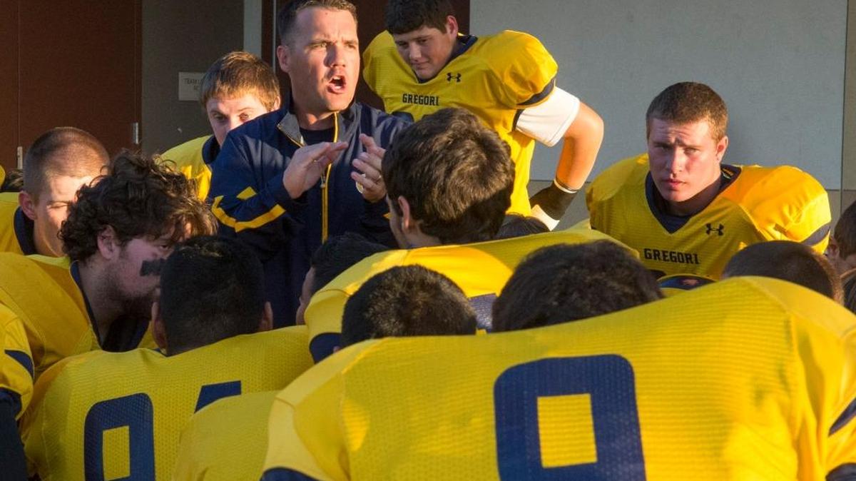 Gregori Head Coach Jason McCoy hypes his team up before a game between Gregori High and Beyer High at Gregori High School in Modesto California on Oct. 2, 2015.