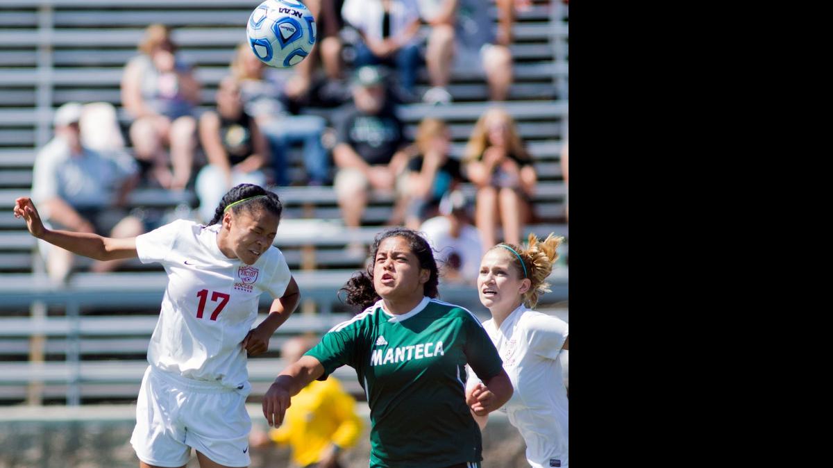 
Manteca’s Leah Manuleleua, right, pressures East Union’s Aleah Jarin during the Sac-Joaquin Section Division III title game. Manuleleua was named the Valley Oak League MVP after scoring a school-record 38 goals, including 17 in league play.
