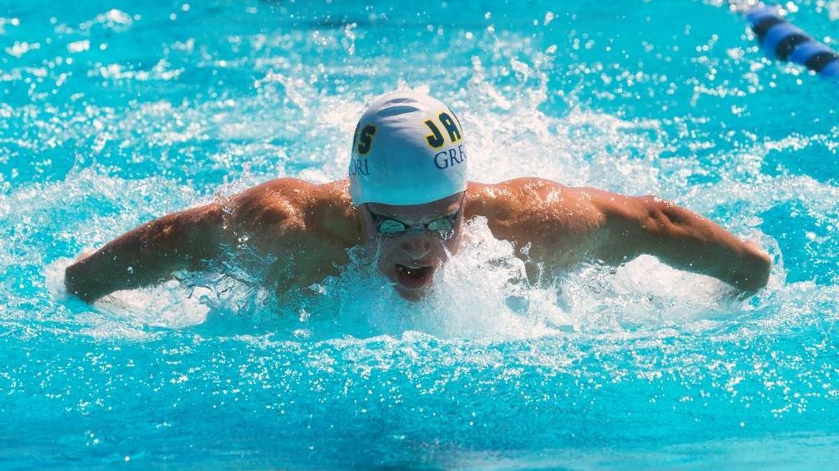 Gregori’s Christian Britton swims in the 100 butterfly; he won the meet with a time of 50.50 seconds during the 12th annual Southern Section Swim Meet at Johansen High School in Modesto, Calif., on April 16, 2016.