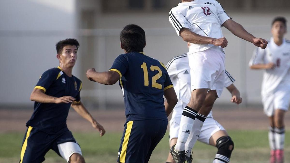 
Modesto's Ramiro Lopez heads the ball during the Modesto Metro Conference game with Gregori at Modesto High School in Modesto, Calif., on Thursday, September, 24, 2015. Modesto won the game 1-0.
