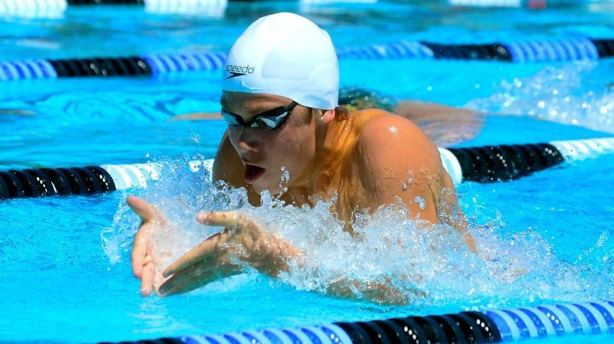 Andrew Britton swims in the final heat of the 100 breaststroke, he won the event with a time of 58.58 seconds during the 12th annual Southern Section Swim Meet at Johansen High School in Modesto, Calif., on April 16, 2016.