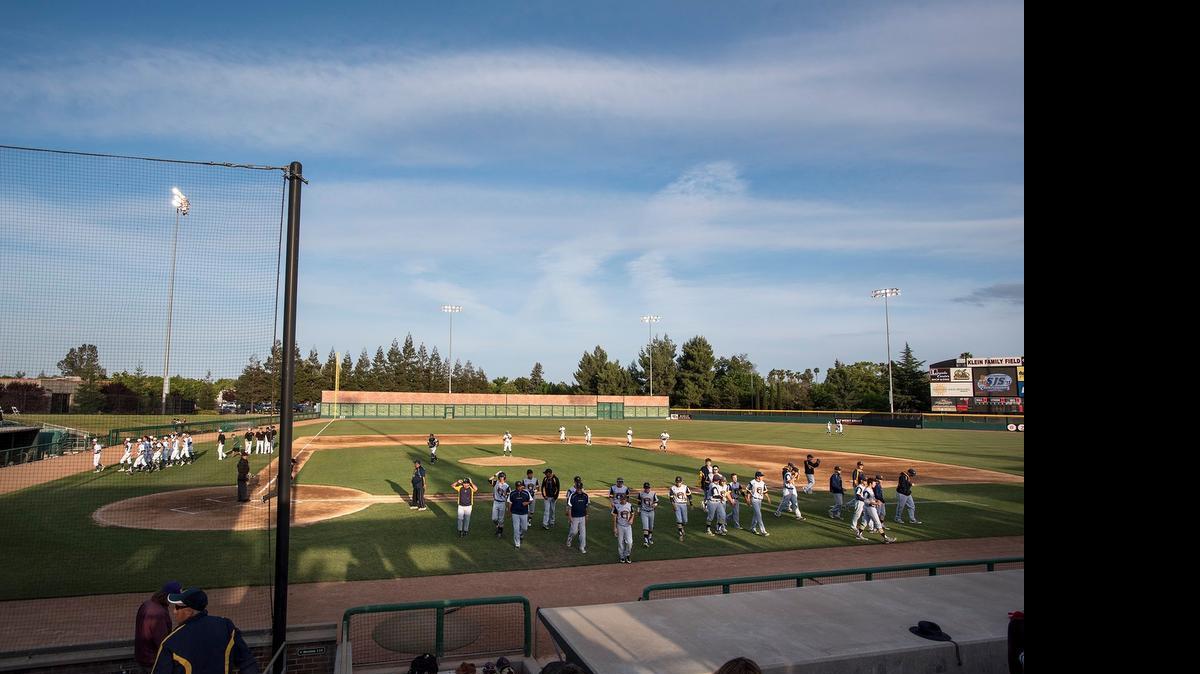 
Gregori High and Pitman High prepare for the start of the Sac-Joaquin Section playoff game at Klein Family field at the University of the Pacific in Stockton on Wednesday.
