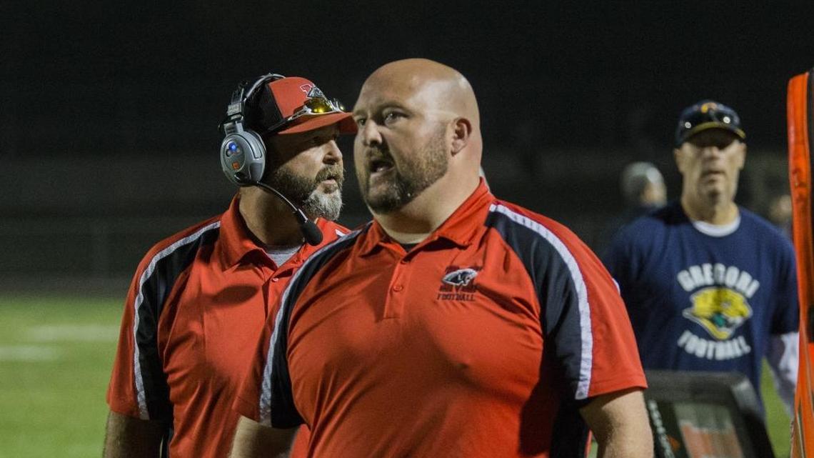 Brett Wagner, head coach for Modesto High works the sideline during the Modesto vs Gregori Football at Gregori Friday Oct. 27th 2017
