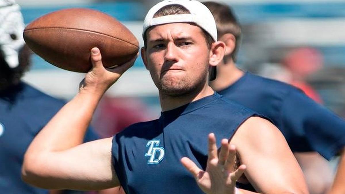 Downey quarterback Brett Neves makes a pass during the MJC Passing Tournament at Modesto Junior College on Saturday, July 9, 2016. Neves and the Knights figure to a hot topic at the Modesto Community Quarterback Club meetings this season.