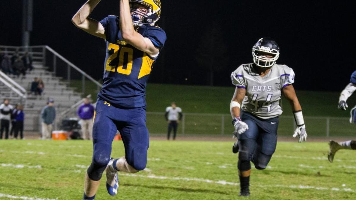Mason Medrano (20) of Gregori High grabs a pass during the first half to gain a first down against Franklin of Elk Grove on Thursday, Nov. 9, 2017. Tonight, Gregori takes to road to face Oak Ridge in a Sac-Joaquin Section Division I second-round game.