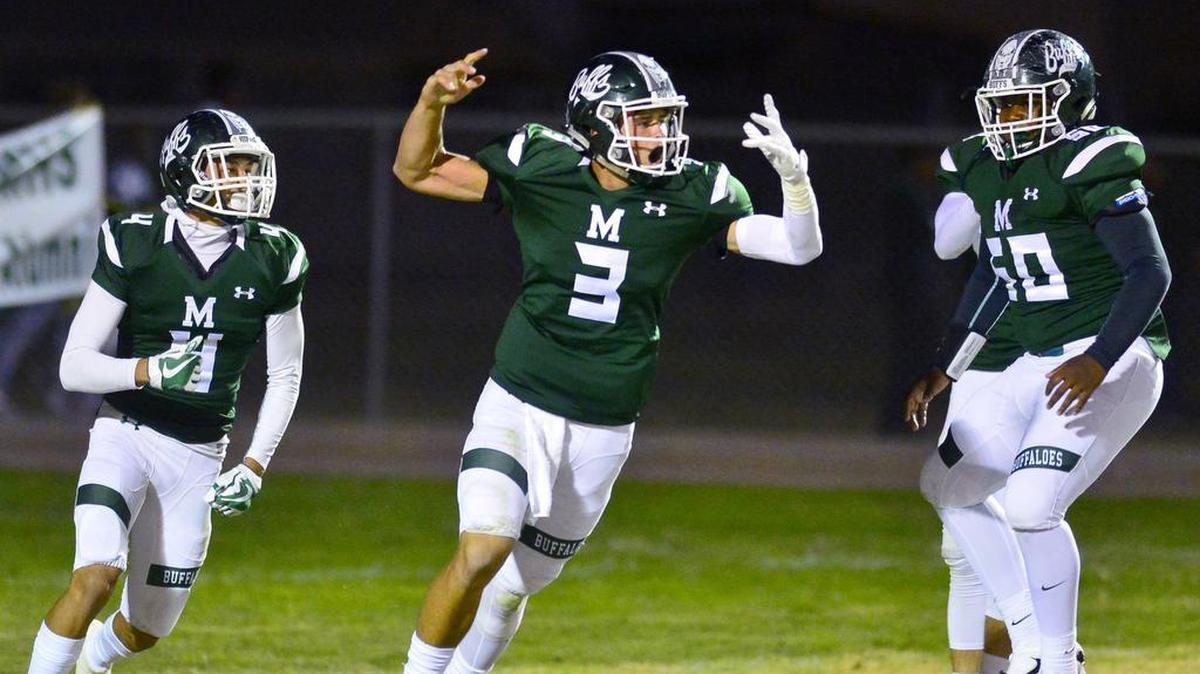 Manteca quarterback Gino Campiotti (3) celebrates after scoring a touchdown during a game between Central Catholic and Manteca at Manteca High School in Manteca California on Sept. 22, 2017.