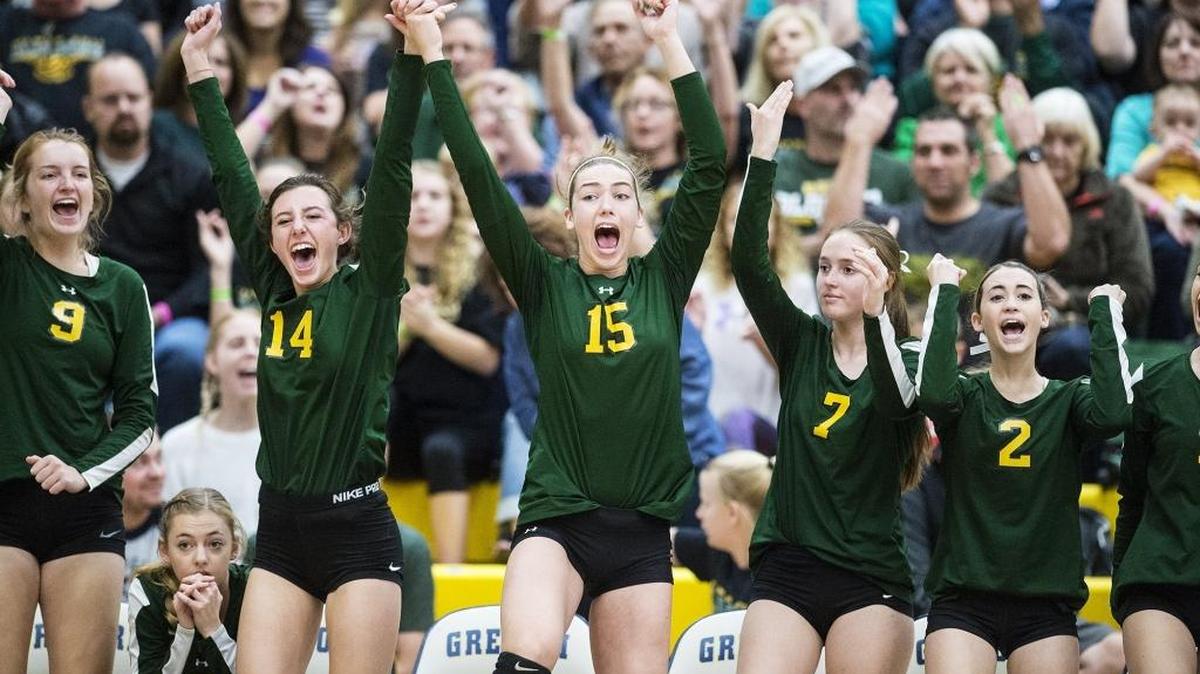 The Hilmar bench reacts after winning the first game of a Sac-Joaquin Section Division IV Championship match against Bret Harte at Gregori High School in Modesto, Calif., on Saturday, Nov. 11, 2017. The Yellowjackets beat the Bullfrogs 3-0.