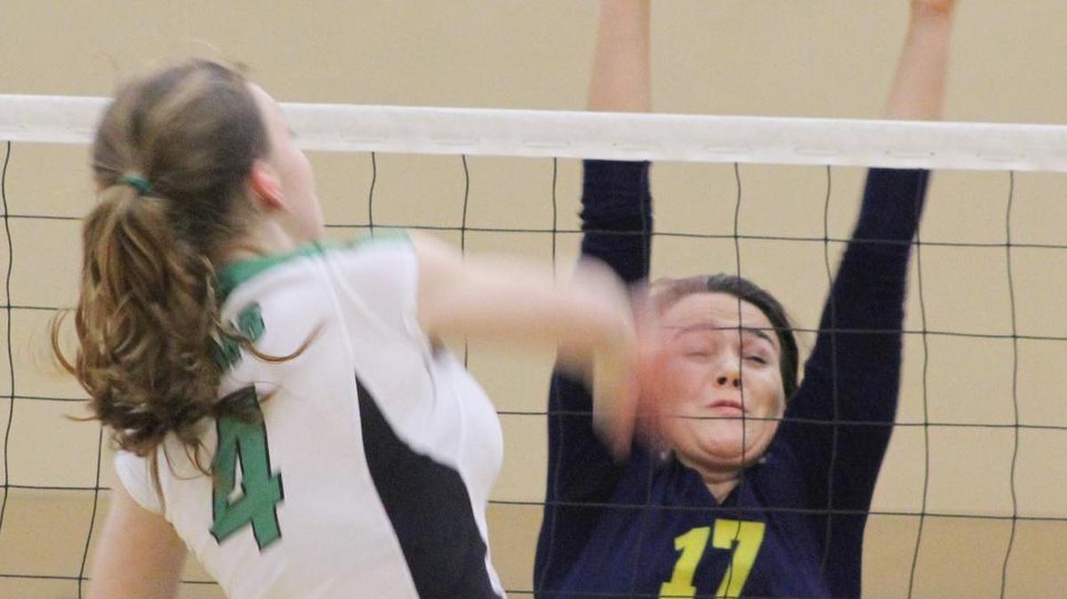 Gregori senior Merritt Stewart (17), playing on an injured ankle, tries to block a shot by a St. Mary's player on Tuesday, Nov. 10, 2015, during a loss in the first round of the Sac-Joaquin Section Division I playoffs at Gregori High.