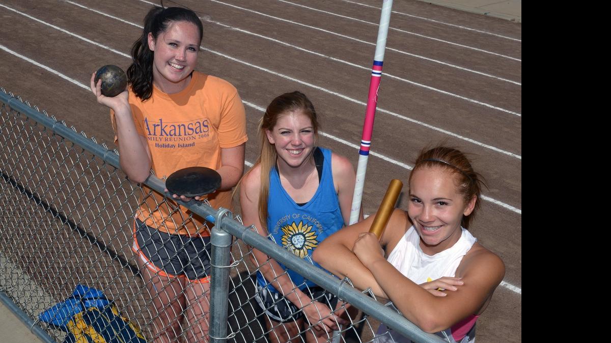
From left to right- Gregori high school track athletes Destinee Elgen, Teigan MacDonald and Brianna Swan are pictured on Friday afternoon (05-01-15) at the school in Salida, Calif. The three girls seek their 30th straight dual-meet win in the Modesto Metro Conference.
