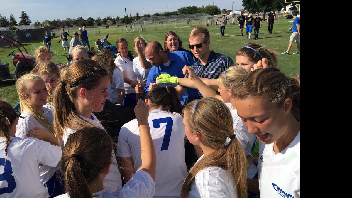 
Ripon Christian coach Kevin Tameling delivers a halftime speech to his team. The Knights led 2-0 over Vacaviille Christian at halftime of the Sac-Joaquin Section Division VII semifinal against Vacaville Christian.

