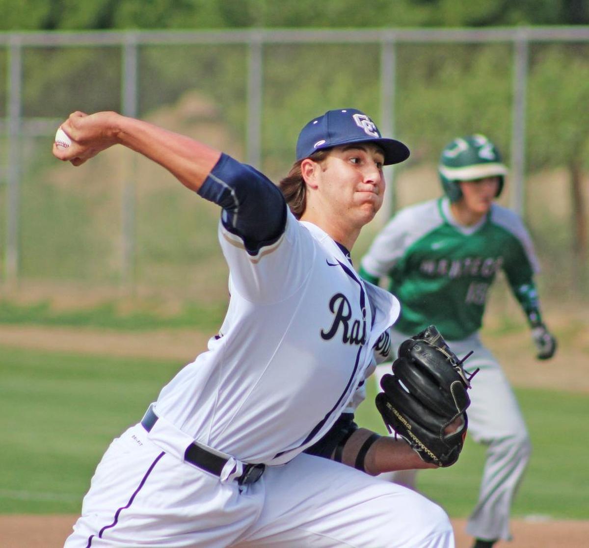 Central Catholic starter Joey Mundt works out of a jam in the first inning against Manteca on Wednesday, April 20, 2016, at Central Catholic High.