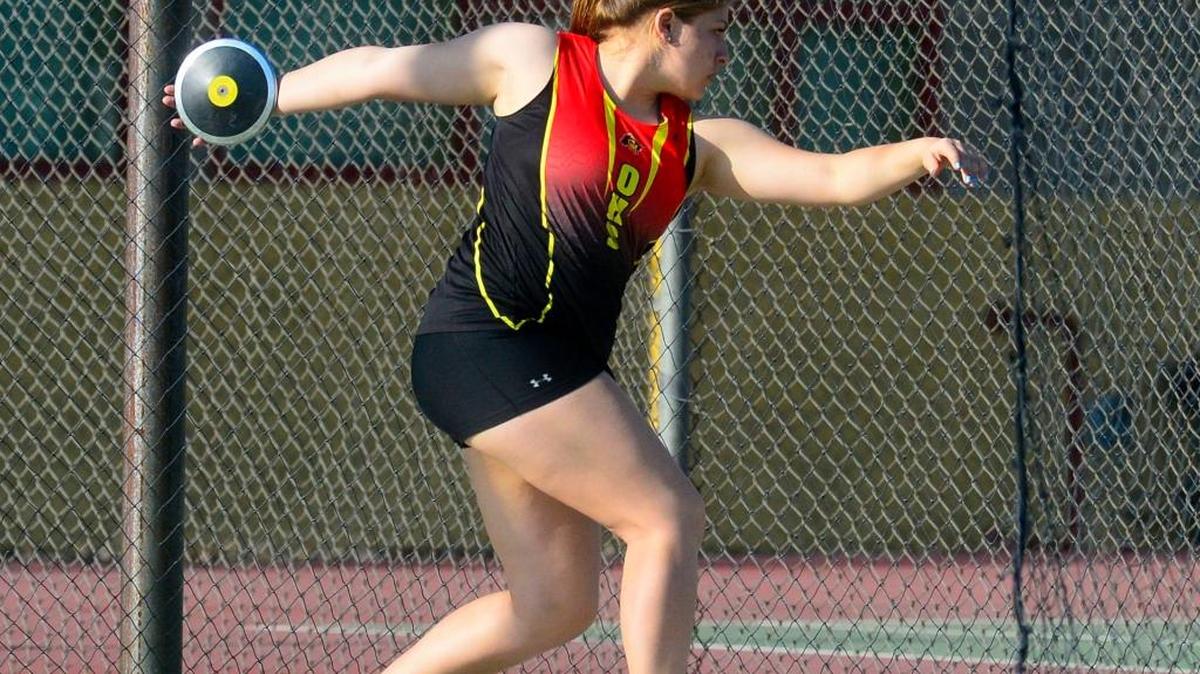 Oakdale High School senior Hannah Chappell competes in the discus throw during the County Clash IV Track Meet at Oakdale High School on March 19, 2016. Chappell is seeking her fourth Masters title in the event.