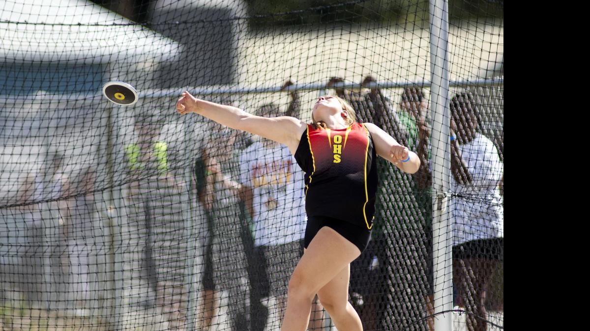 
Hannah Chappell of Oakdale High releases her discus to win the competition at the Sac-Joaquin Section Masters track and field meet at Elk Grove High School on Friday.
