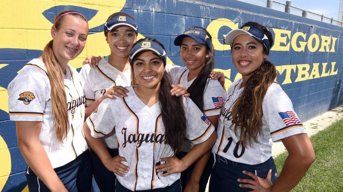 From left to right- Senior softball players, Maddison Marsh, Cocoa Stewart, Ezabel Castrol, Nikki Alexander and Jasmine Temple are pictured Wednesday afternoon (05-18-16) near the softball field at Gregori High School in Modesto, Calif.