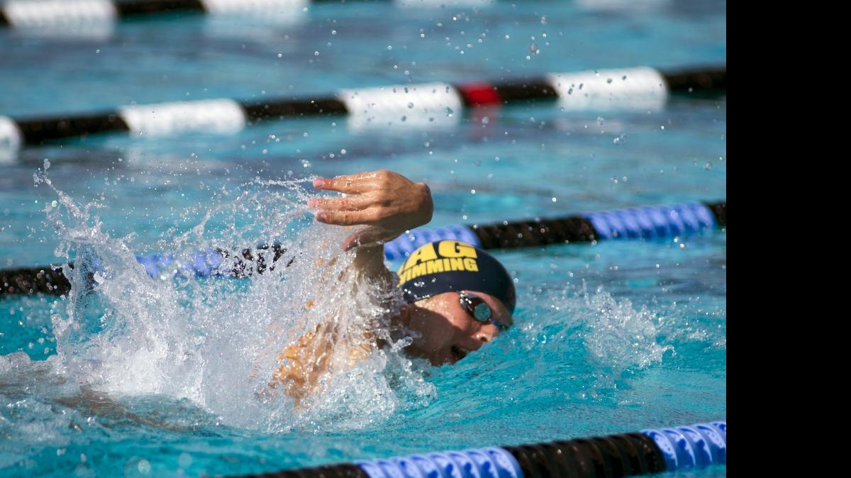 
Christian Britton swims in the Men's Final 200 yard Freestyle during the MMC Swimming Championships at Johansen High School in Modesto on May 2nd, 2015.

