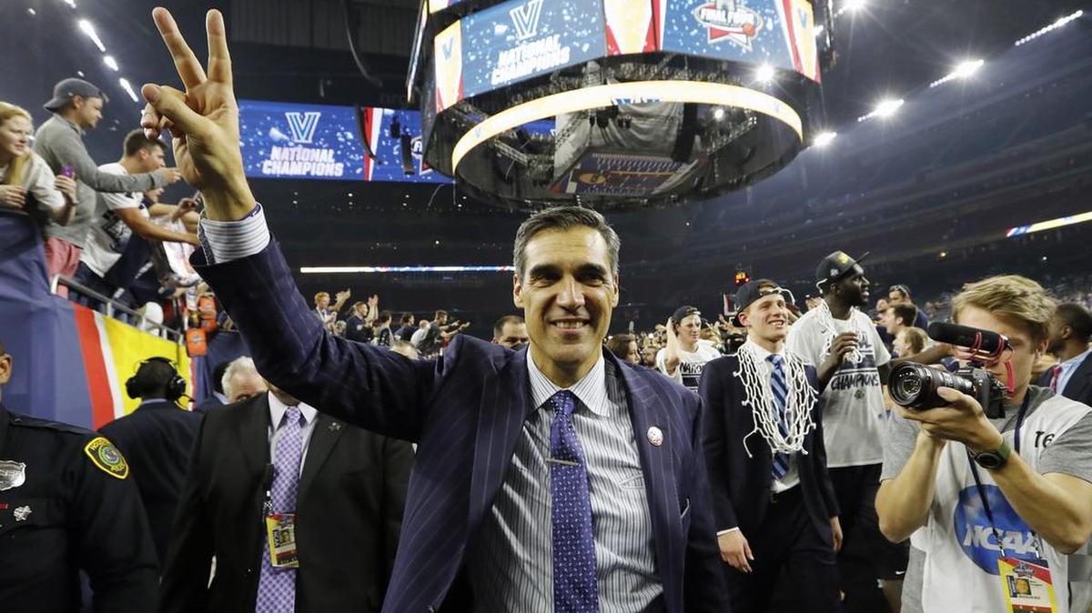 Villanova head coach Jay Wright celebrates after the NCAA Final Four tournament college basketball championship game against North Carolina on Monday, April 4, 2016, in Houston. Villanova won 77-74.