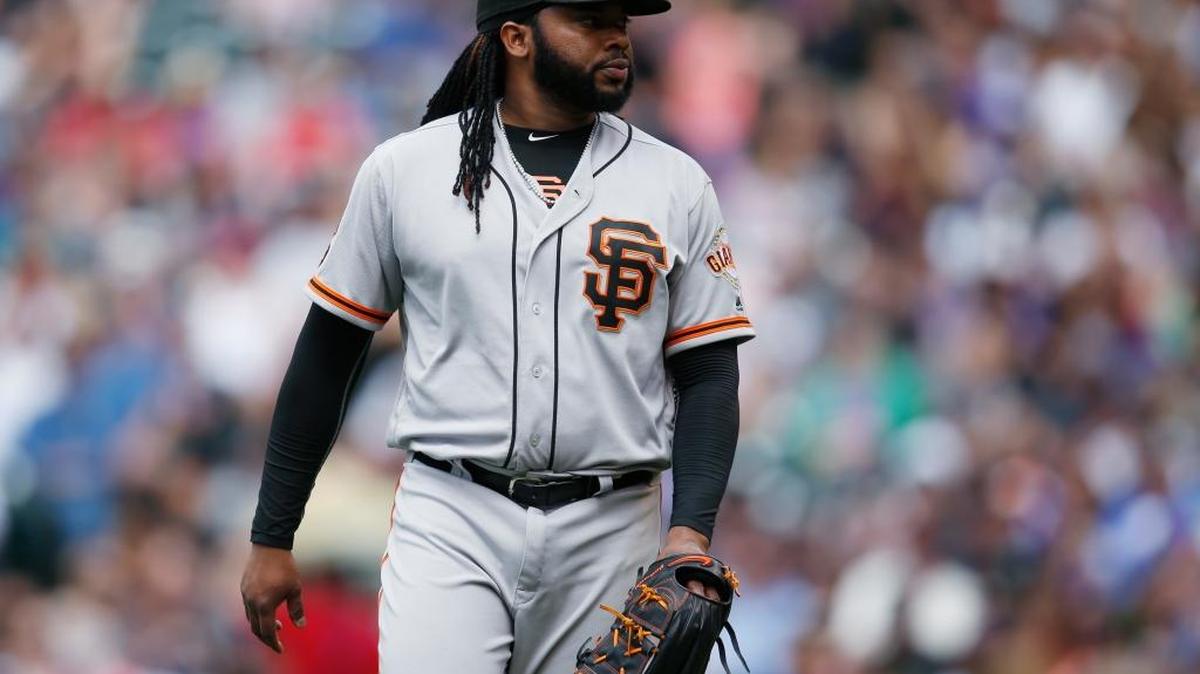 San Francisco Giants starter Johnny Cueto looks on during a baseball game against the Colorado Rockies, Sunday, May 29, 2016, in Denver. Cueto is part of what is becoming a formidable starting rotation for the Giants.