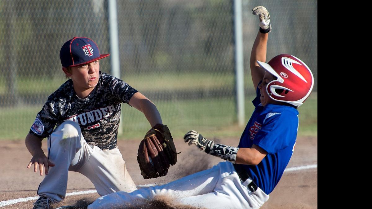 
Bel Passi third baseman Braden Walker tags out a San Francisco runner during the Pony League Northern California Championship game with the San Francisco Youth All Stars at Costa basesball complex in Ceres on Monday.
