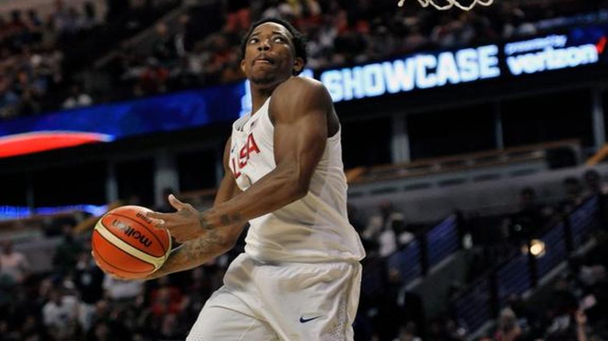 USA’s DeMar DeRozan goes up for a dunk during the second half of an exhibition game against Venezuela on Friday, July 29, 2016, at the United Center in Chicago.