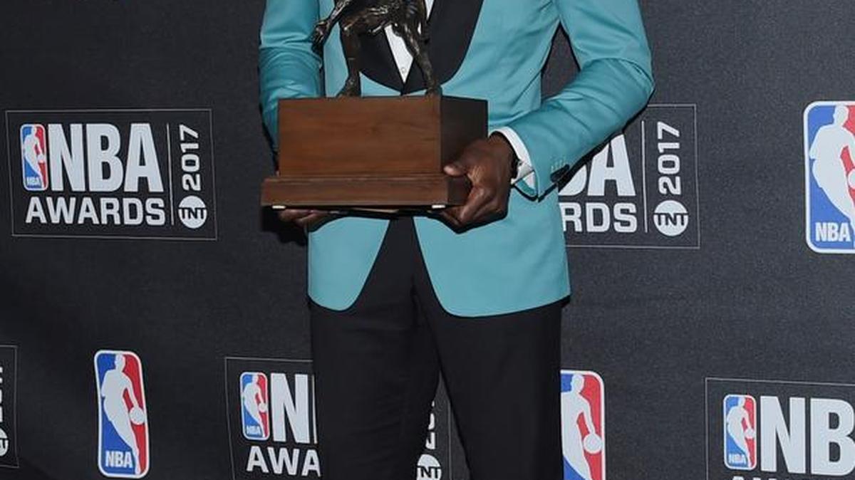 Kia NBA Defensive Player of the Year & Assist of the Year Award winner, Draymond Green, poses in the press room at the 2017 NBA Awards at Basketball City at Pier 36 on Monday, June 26, 2017, in New York.