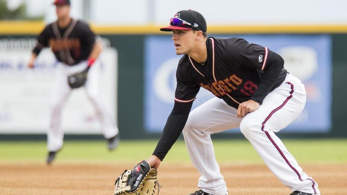First baseman Evan White waits for a play during the Modesto Nuts vs San Jose Giants Sunday April 29, 2018.