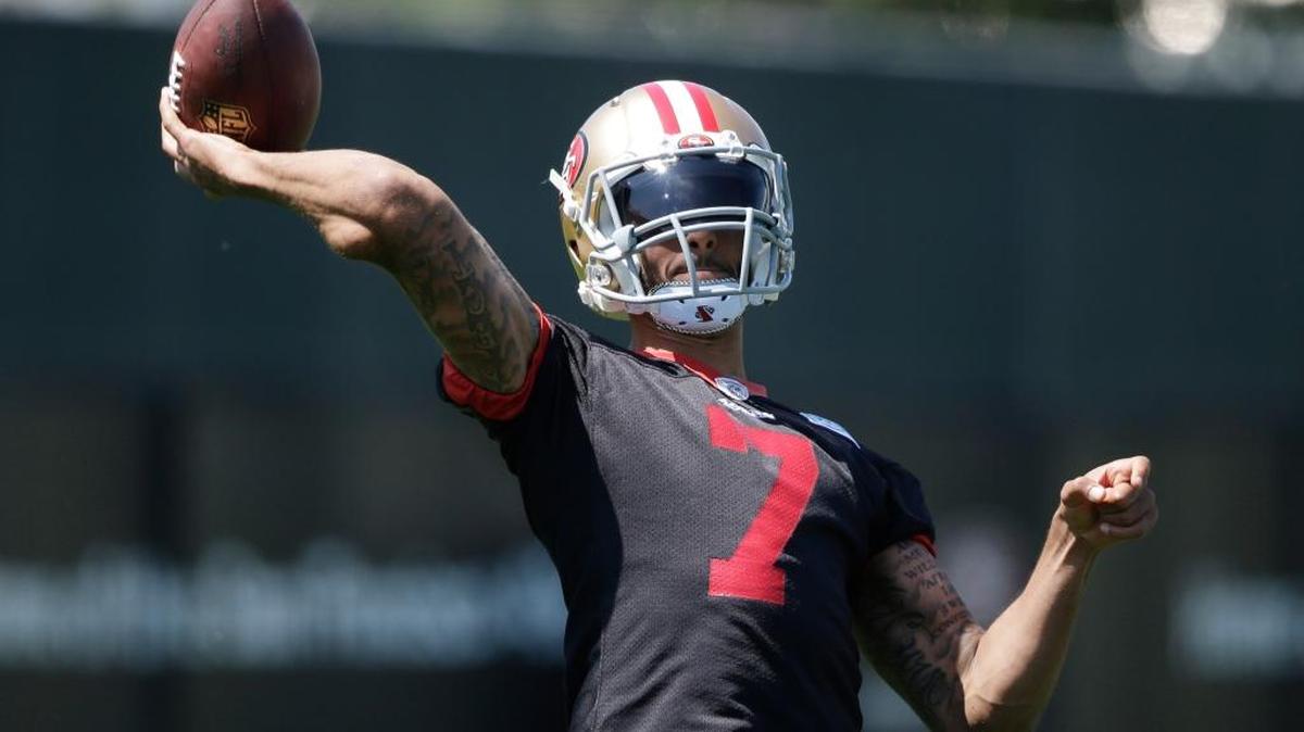 San Francisco 49ers quarterback Colin Kaepernick threw a number of passes in seven-on-seven situations during the team’s minicamp workout, Tuesday, June 7, 2016 in Santa Clara.