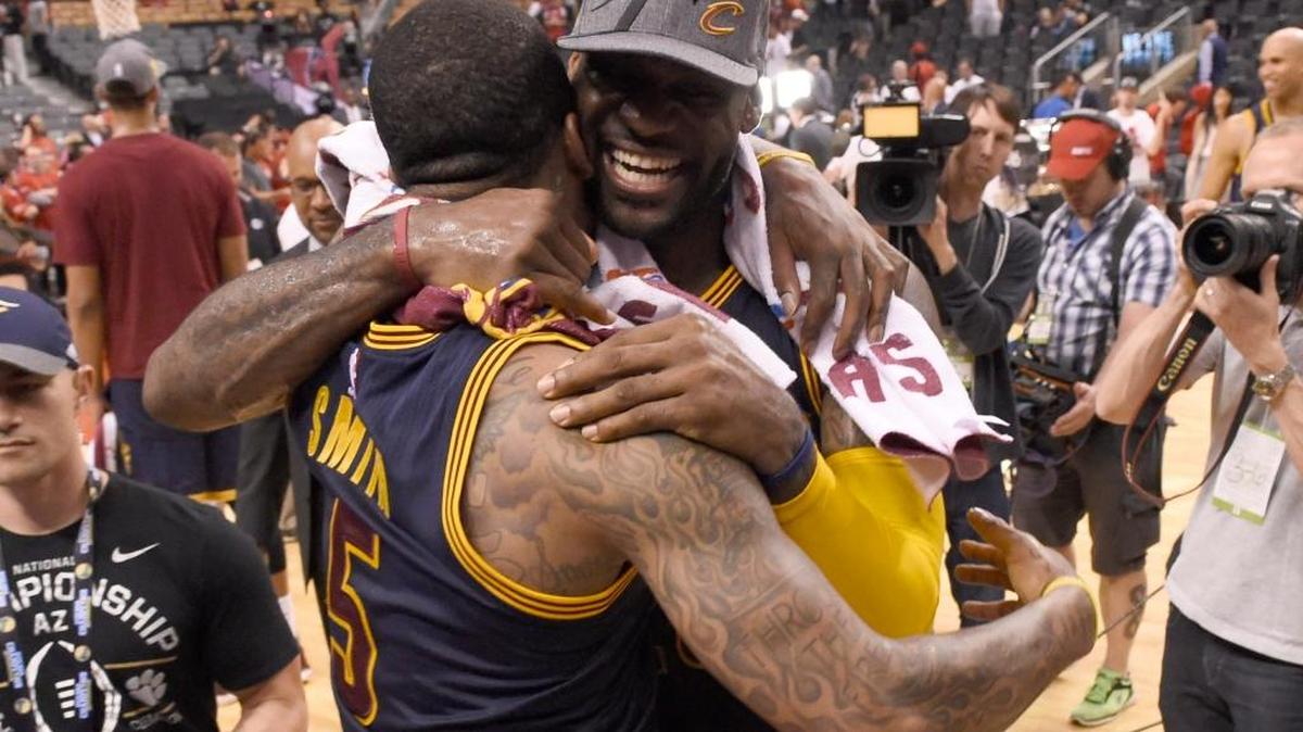 Cleveland Cavaliers forward LeBron James celebrates the team’s win over the Toronto Raptors with J.R. Smith (5) after Game 6 of the NBA basketball Eastern Conference finals Friday, May 27, 2016, in Toronto. The Cavaliers won 113-87 and advanced to the NBA Finals. For James, he’s in the NBA Finals for the sixth year in a row.