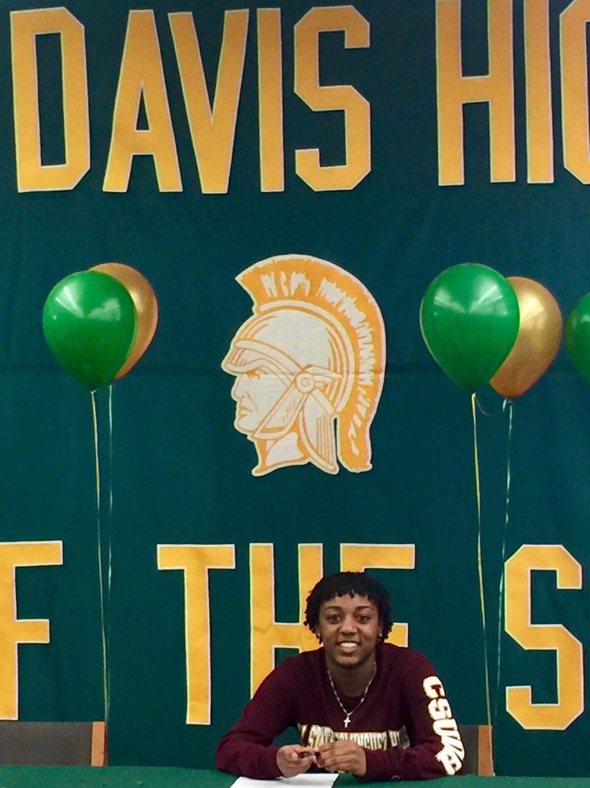 Grace Davis High senior Lea Anderson signed her national letter of intent to play basketball at Cal State University, Dominguez Hills, on Monday, Feb. 5, 2018. Anderson was joined at the head table by family and athletic director and coach Tim Garcia.