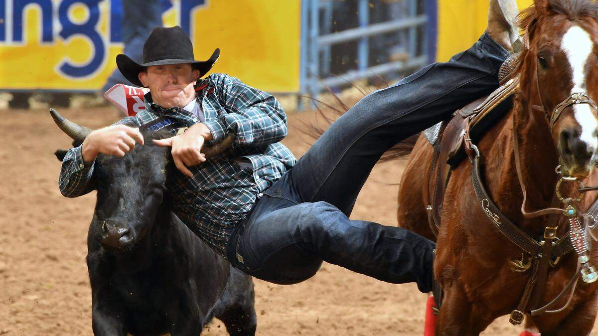 Ryle Smith is pictured competing in Round 9 of the 2017 Wrangler National Finals Rodeo in Las Vegas, NV. He registered a 4.5-second time on the run.