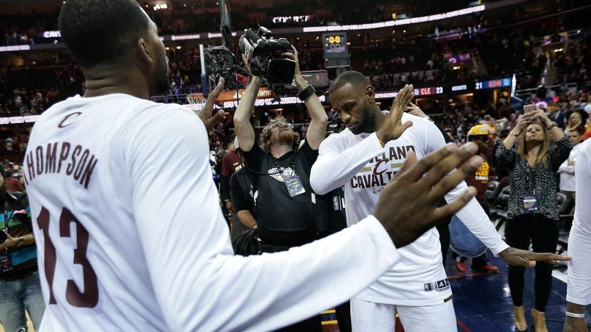 Cleveland star LeBron James, right, and teammate Tristan Thompson celebrate the Cavaliers’ 120-90 victory over the Warriors in Game 3 of the NBA Finals on Wednesday, June 8, 2016.