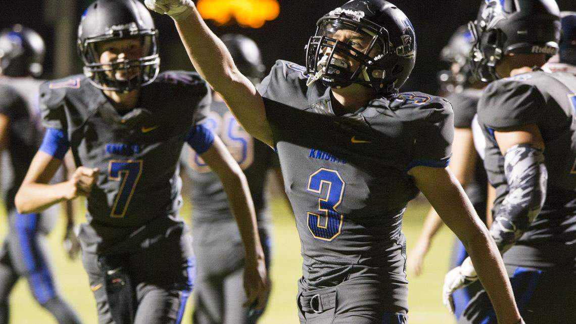 Michael Kamps(3) of Ripon Christian celebrates a touchdown run against Stone Ridge Christian at Ripon Christian Friday Sept. 2nd, 2016.