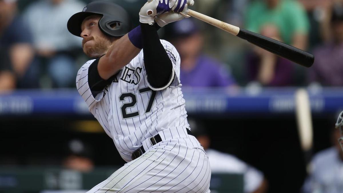 Trevor Story of the Rockies hits his fifth home run of the season on Friday, April 8, 2016, in Denver.